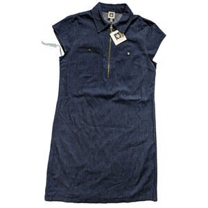 Anne klein Denim Dress Size 4 1/4 Zip  V-Neck Short Sleeve NWT $99